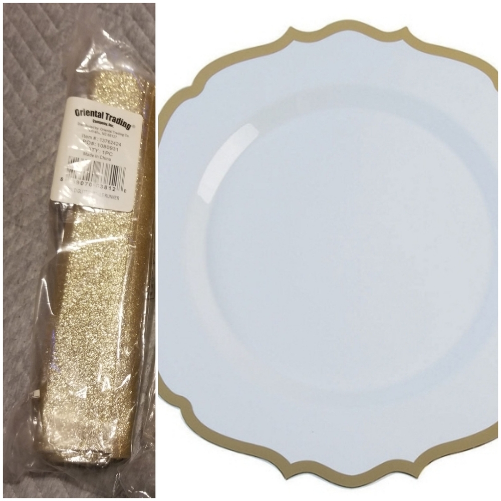 Plastic gold dinner plates and table runners